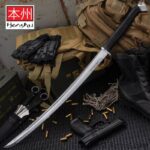 HONSHU BOSHIN WAKIZASHI - MODERN TACTICAL SAMURAI / NINJA SWORD - HAND FORGED 1060 CARBON STEEL - FULL TANG, FULLY FUNCTIONAL - BLACK TPR, STEEL GUARD AND POMMEL, LANYARD HOLE - SCABBARD - UC3125