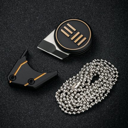 We Knife Company 20021-1 Ostap Hel Quark Pendant Fixed Neck Knife 0.32" M390 Two-Tone Tanto Blade, Black and Gold Titanium Handles, Magnetic Titanium Sheath