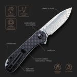 Elementum Flipper Knife Twill Carbon Fiber Overlay On Black G10 Handle (2.96'' Damascus) C907DS - Image 2