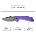 SENCUT Actium Flipper Knife Purple G10 Handle (3.46’’ Black Stonewashed D2) SA02D - Image 3