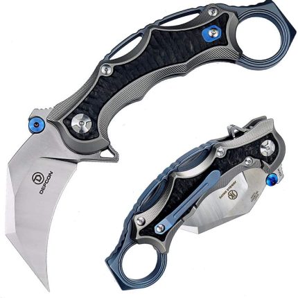 Defcon Knives Raptor Karambit Flipper 2.83" S35VN Satin Hawkbill Blade, Titanium Handles w/ Marbled Carbon Fiber Inserts - TF5221