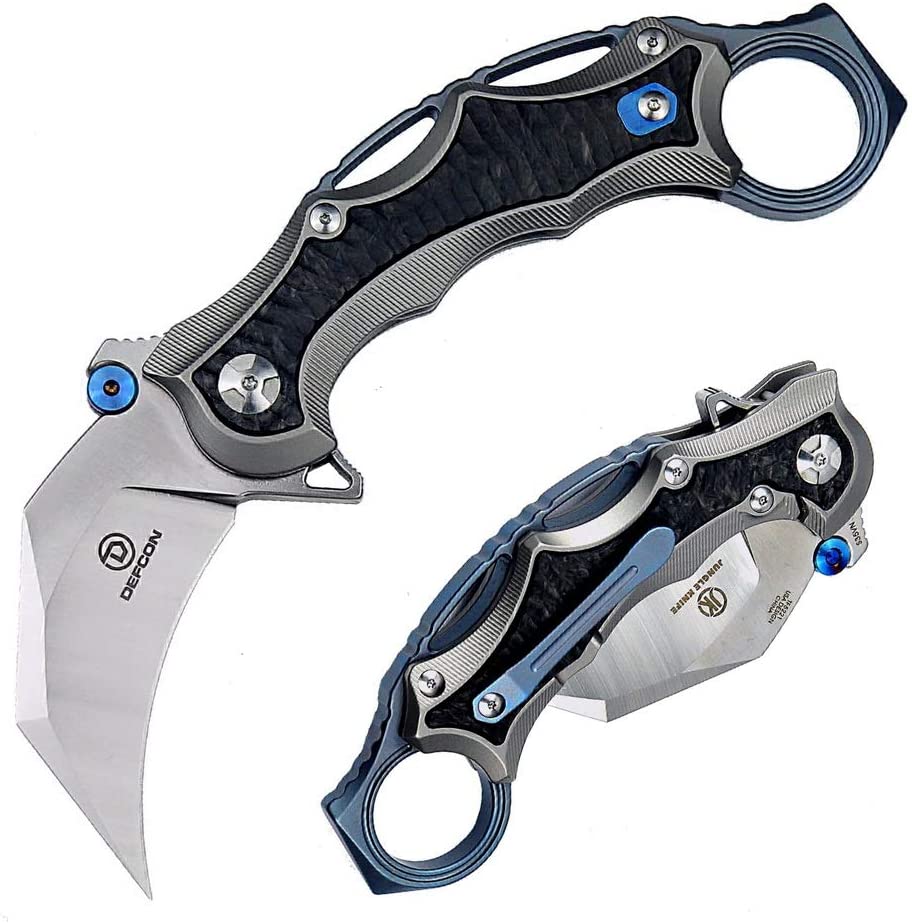61djJv8GtRL._AC_SL1024_ Defcon Knives Raptor Karambit Flipper 2.83" S35VN Satin Hawkbill Blade, Titanium Handles w/ Marbled Carbon Fiber Inserts - TF5221 - Image 1