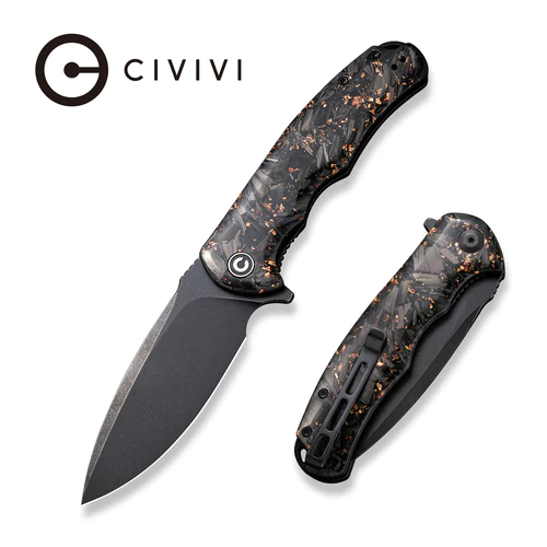 6391ace427ade714b70fb966024ae804_53de9209-84bb-47de-9155-6aa88255329d_500x CIVIVI Praxis Shredded Carbon Fiber And Copper Shred In Clear Resin Handle (3.75" Black Stonewashed 9Cr18MoV Blade) C803I - Image 1