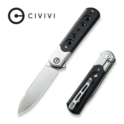 CIVIVI Banneret Flipper Knife Plain Steel Handle With Black G10 Inlay (3.48" Silver Bead Blasted Nitro-V) C20040D-2