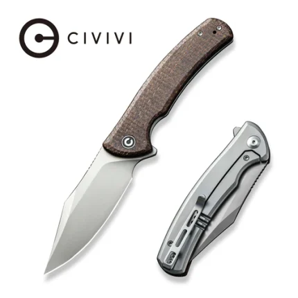 CIVIVI Sinisys Flipper Knife Brown Burlap Micarta Presentation With Plain Steel Lock Side Handle (3.7" Silver Bead Blasted 14C28N) C20039-2