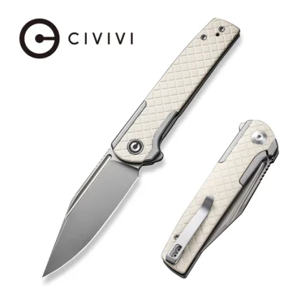 CIVIVI Cachet Flipper Knife Diamond Patterned Gray Steel Handle With Ivory G10 Inlay (3.48" Silver Bead Blasted 14C28N) C20041B-2