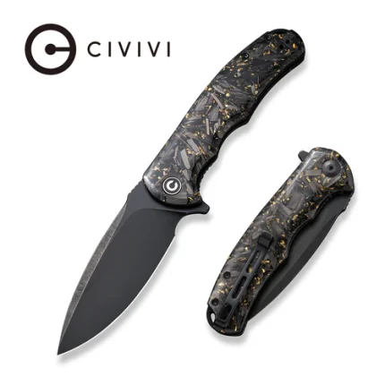 CIVIVI Praxis Shredded Carbon Fiber And Golden Shred In Clear Resin Handle (3.75" Black Stonewashed 9Cr18MoV Blade) C803J