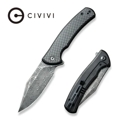 CIVIVI Sinisys Flipper Knife Twill Carbon Fiber Overlay On Black G10 Presentation With Black Steel Lock Side Handle (3.7" Black Hand Rubbed Damascus) C20039-DS1