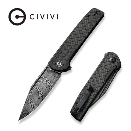CIVIVI Cachet Flipper Knife Diamond Patterned Black Steel Handle With Dark Green Canvas Micarta Inlay (3.48" Black Hand Rubbed Damascus) C20041B-DS1