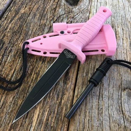 Ladies Women's Girls Pink Full Tang Fixed Blade Neck Knife EDC Rescue Blade Sheath Flint Rod Fire Starter - MU1141PK