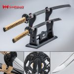 Shinwa Regal Makaku Sword Set - Katana, Wakizashi, Display Stand, Damascus Steel Blades, Genuine Rayskin