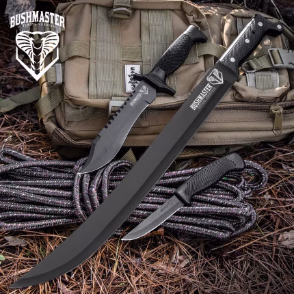 Bushmaster Survivor Squad Knife Set - Skinner, Bowie, Machete, Sharp Non-Reflective Sharp Steel Blades, ABS Handles, Includes Sheaths - Great for Wilderness Survival - BK3343