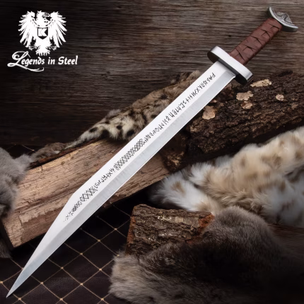 Legends In Steel Viking Seax Sword And Scabbard - One-Piece Carbon Steel Construction, Leather-Wrapped Handle - Length 30" - BK5427
