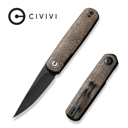 CIVIVI Lumi Front Flipper Knife Brown Burlap Micarta Handle (2.56" Black Stonewashed 14C28N Blade) C20024-5