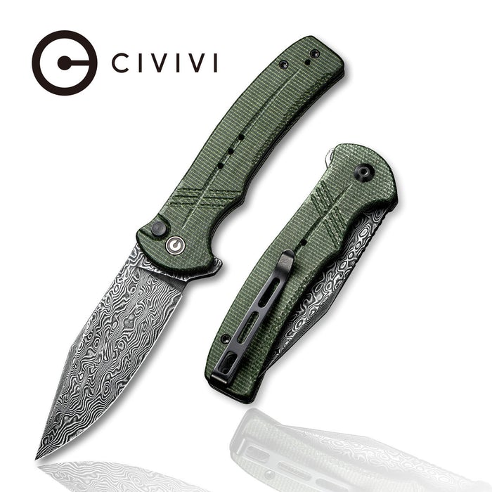 C20038D-DS1_Cogent_171b5c6a-406e-43f6-8205-574ff877c0b4_700x CIVIVI Cogent Pocket Knife with Button Lock and Flipper Opener C20038D-DS1 - Green Micarta Handle (3.47" Black Hand Rubbed Damascus) C 20038D-DS1 - Image 1
