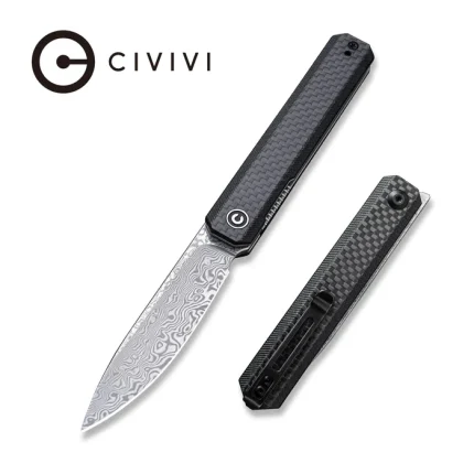 Civivi Exarch Front Flipper Knife - Twill Carbon Fiber Overlay On Black G10 Handle (3.22'' Damascus) C2003DS-1