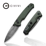 CIVIVI Altus Pocket Knife with Button Lock and Flipper Opener Green Micarta Handle (2.97" Black Hand Rubbed Damascus) C 20076-DS1