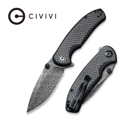 CIVIVI Pintail Flipper Knife - Twill Carbon Fiber Overlay On Black G10 Handle (2.98" Black Hand Rubbed Damascus Blade) C 2020DS-1