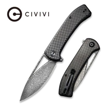 Riffle Flipper Knife Dark Twill Carbon Fiber Overlay On Black G10 Handle (3.46" Black Hand Rubbed Damascus) C2024DS-1
