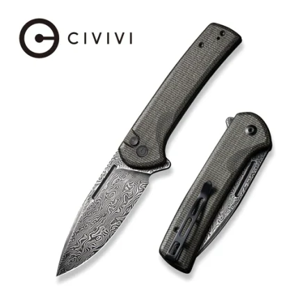 CIVIVI Conspirator Pocket Knife with Button Lock and Flipper Opener Dark Green Micarta Handle (3.47'' Black Hand Rubbed Damascus) C21006-DS1