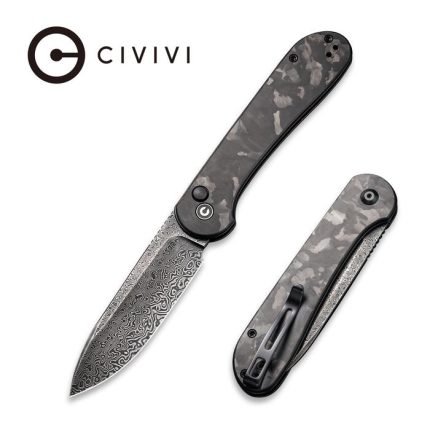 CIVIVI Button Lock Elementum - Marble Carbon Fiber Black Handle (3.47" Black Hand Rubbed Damascus) C 2103DS-3