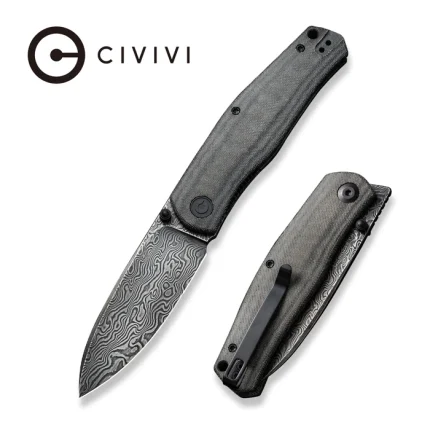 CIVIVI Sokoke Front Flipper And Thumb Stud Knife Black Linen Micarta Handle (3.35" Black Hand Rubbed Damascus Blade) C22007-DS1