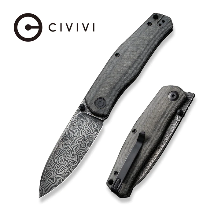 C22007-DS1_Sokoke_700x CIVIVI Sokoke Front Flipper And Thumb Stud Knife Black Linen Micarta Handle (3.35" Black Hand Rubbed Damascus Blade) C22007-DS1 - Image 1