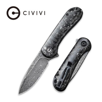 Civivi Elementum Flipper Knife - Shredded Carbon Fiber And Silvery Shred In Clear Resin Contoured Handle (2.96" Black Hand Rubbed Damascus) C907C-DS2