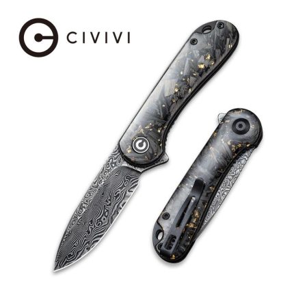 Civivi Elementum Flipper Knife Shredded Carbon Fiber And Golden Shred In Clear Resin Contoured Handle (2.96" Black Hand Rubbed Damascus) C907C-DS1