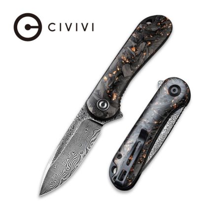 Civivi Elementum Flipper Knife - Shredded Carbon Fiber And Copper Shred In Clear Resin Contoured Handle (2.96" Black Hand Rubbed Damascus) C907C-DS3