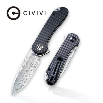 Elementum Flipper Knife Twill Carbon Fiber Overlay On Black G10 Handle (2.96'' Damascus) C907DS