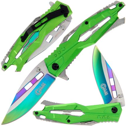 Golan Steel and Green / Rainbow Folding Knife - Bottle Opener - GOL-771-GN