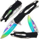 Golan Steel and Black / Rainbow Folding Knife - Bottle Opener - GOL-771-RB