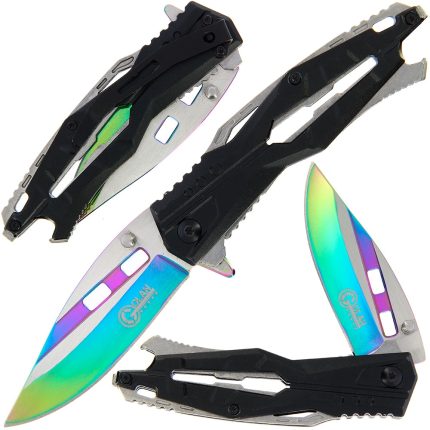 Golan Steel and Black / Rainbow Folding Knife - Bottle Opener - GOL-771-RB