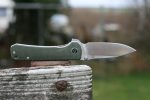 QSP Knives Hawk Flipper Knife 3.25" Sandvik 14C28N Satin Drop Point Blade, Green Micarta Handles - QS131-H - Image 5