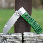 QSP Knives Worker Folding Knife 3.5" N690 Satin Sheepsfoot Blade, Green Jigged Bone Handle with Stainless Steel Bolsters - QS128-B