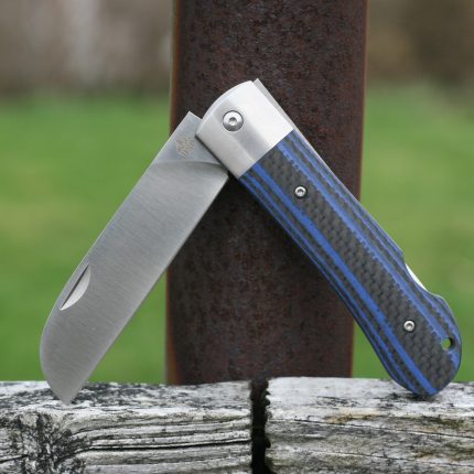 QSP Knives Worker Folding Knife 3.5" N690 Satin Sheepsfoot Blade, Blue G10/Carbon Fiber Handles with Stainless Steel Bolsters - QS128-D