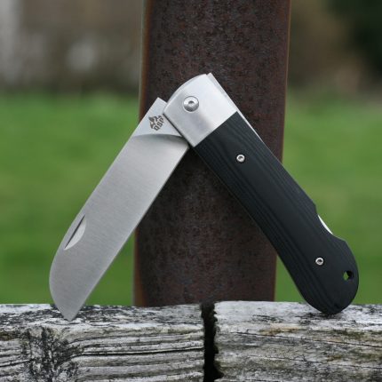 QSP Knives Worker Folding Knife 3.5" N690 Satin Sheepsfoot Blade, Black G10 Handles with Stainless Steel Bolsters - QS128-A