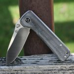 QSP Knives Hawk Flipper Knife 3.25" Sandvik 14C28N Satin Drop Point Blade, Black Micarta Handles - QS131-J