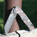 QSP Knives Penguin Folding Knife 3.06" D2 Two-Tone Satin Sheepsfoot Blade, Red Shredded Carbon Fibre Handles - QS130-TRD