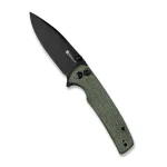 SENCUT Sachse Button Lock/Flipper Knife Green Micarta Handle (3.47" Black Stonewashed 9Cr18MoV Blade) S21007-2
