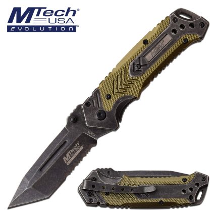 M-Tech Evolution Resistance Green Quick Opening Knife - Black Stonewash Serr - MTE-A026-GN