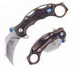 Defcon Knives Raptor Karambit Flipper 2.83" S35VN Satin Hawkbill Blade, Stonewashed Bronze Titanium Handles w/ Marbled Carbon Fiber Inserts - TF5221-2