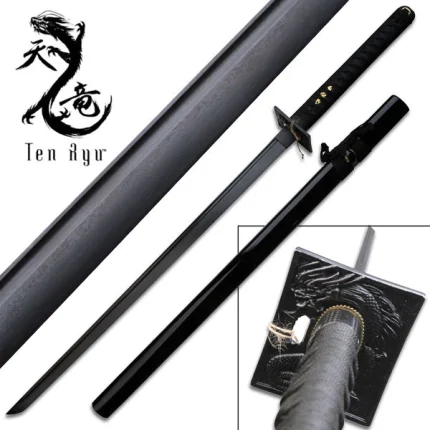 Ten Ryu Hand Forged Ninja / Shinobi Sword High Carbon Damascus Steel Blade - BLACKOUT VERSION - TR-017BD