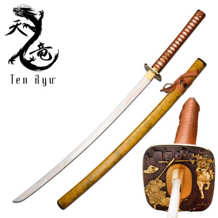 TEN RYU - Carbon Steel Golden Edition Katana with White Gold Scabbard - Samurai Sword TR-117