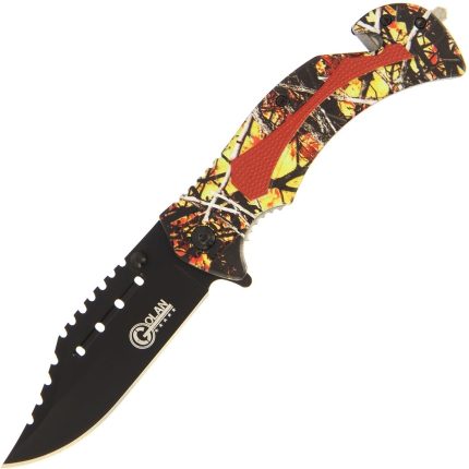 Folding Knife with China Yellow Camo Handle W/ Glass Breaker & Belt Cutter - GOL-536YL