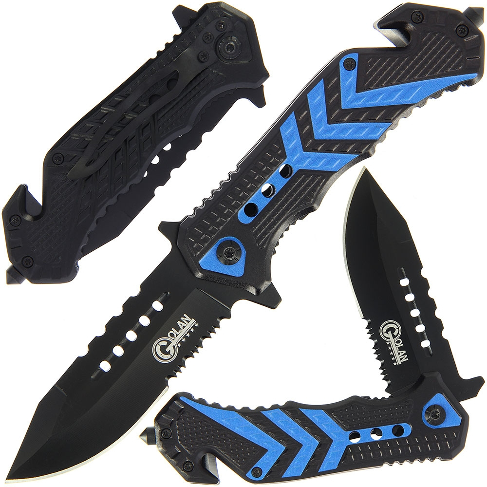 gol-543-bl-0008 Folding Knife with Blue and Black Handle W/ Glass Breaker & Belt Cutter - 543-BL - Image 1
