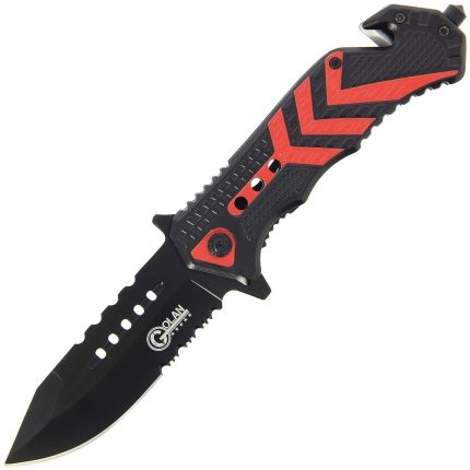 Folding Knife with Red Black Handle W/ Glass Breaker & Belt Cutter - 543-RD