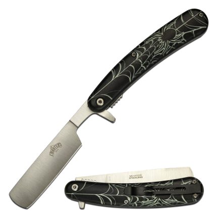 Master USA Quick Opening Folding Knife Straight Razor 3.75" Blade Black Widow Spider Design -