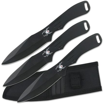 Perfect Point Throwing Knives – Set of 3 – Black Stainless Steel Blades and Handles w/ Spider Design, Nylon Sheath, Full Tang Construction, Well Balanced, Throwing Sport Knives – RC-1793B